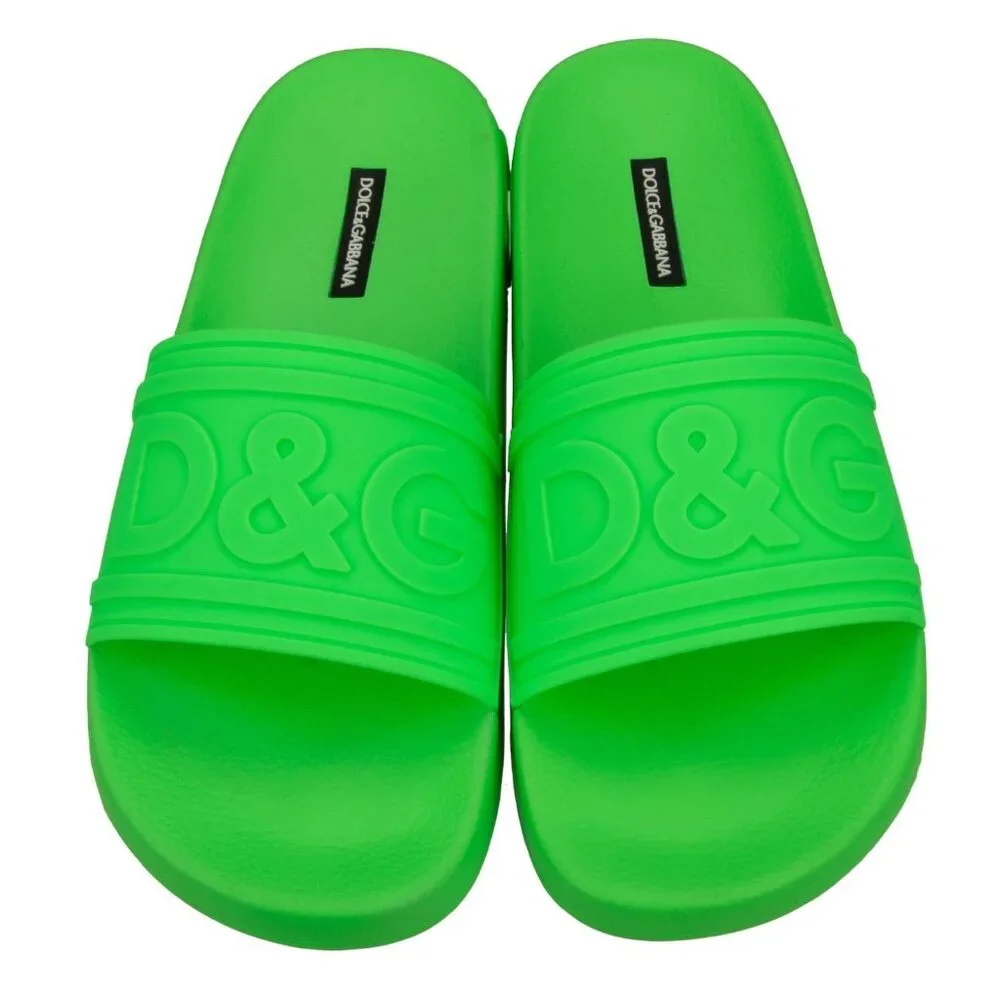 Mens Dolce & Gabbana Slides Sandals D&G Logo Neon Green 43 UK 9 US 10 NIB